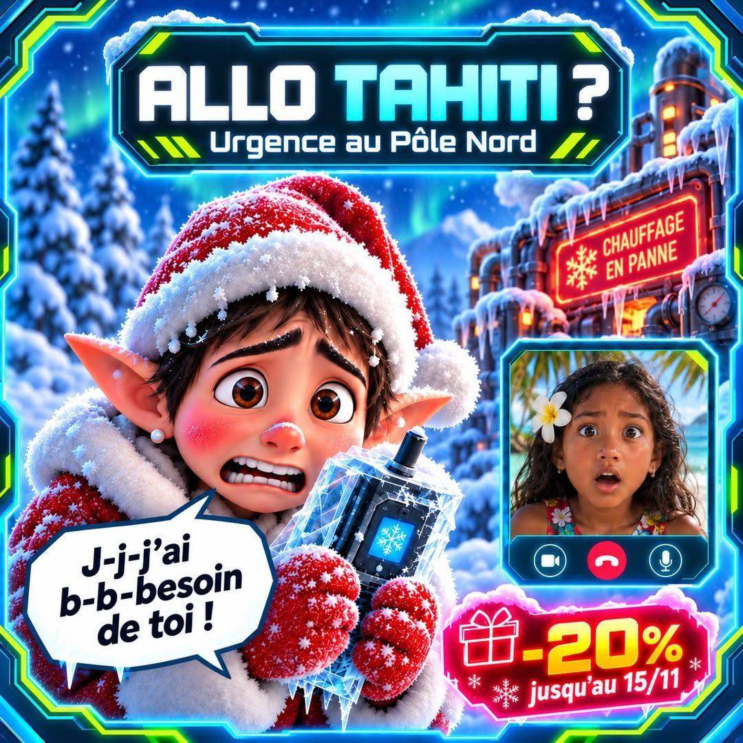 Affiche de la mission Allo Tahiti, un lutin frigorifié appelle à l'aide